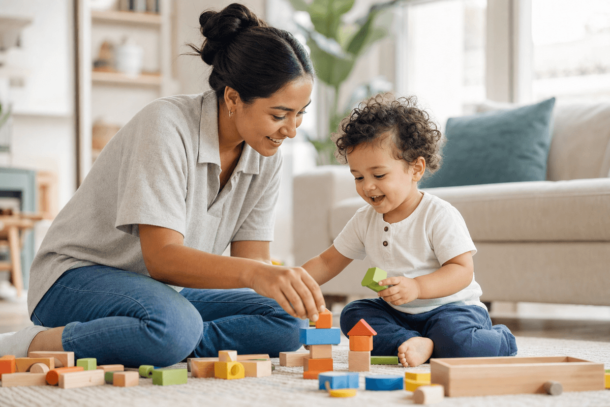 A nanny plays with a toddler — the kind of care Holiday Nannies provides on holiday.